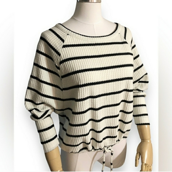 CHASER Striped Thermal Knit Boxy Tee - Cream and Black Stripe NWOT! - Picture 1 of 10
